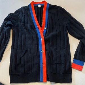 KULE Black Cardigan with Red and Blue Accents